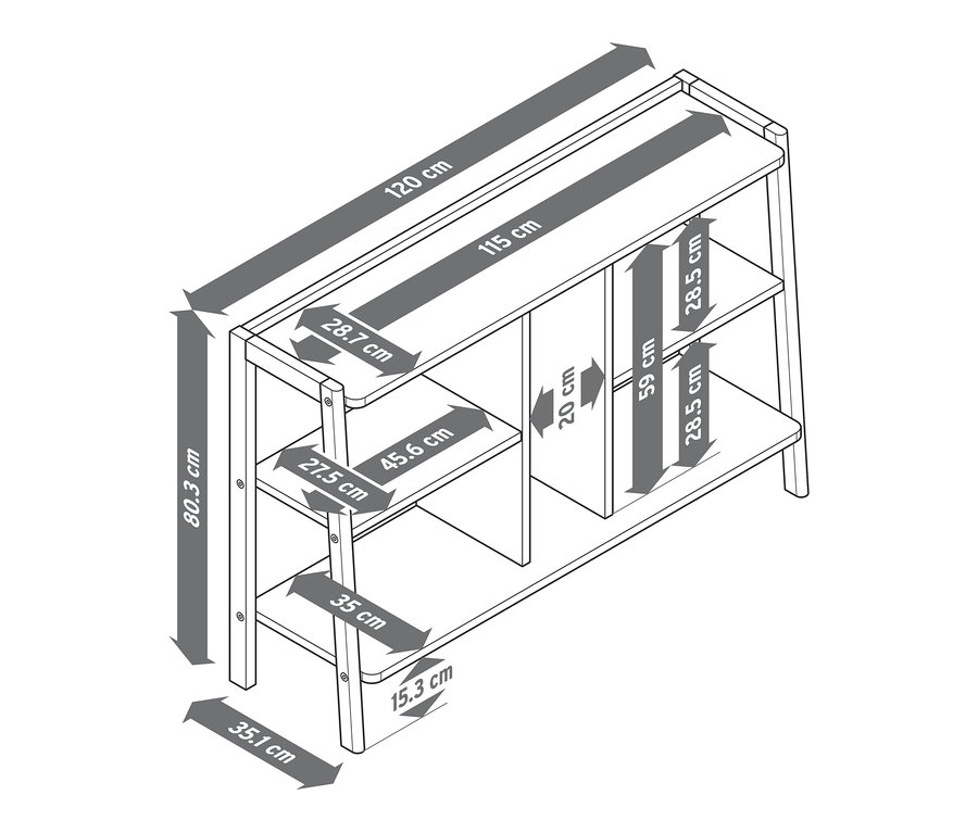 Wymiary regału są pokazane za pomocą strzałek i liczb.