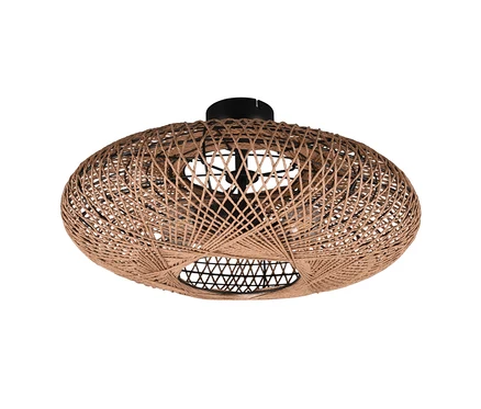 Brązowa lampa sufitowa Trio Hedda z rattanu na białym tle.