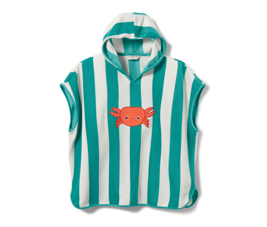 Pasiasty poncho z tkaniny frotté dla niemowląt i dzieci z kapturem i aplikacją kraba.