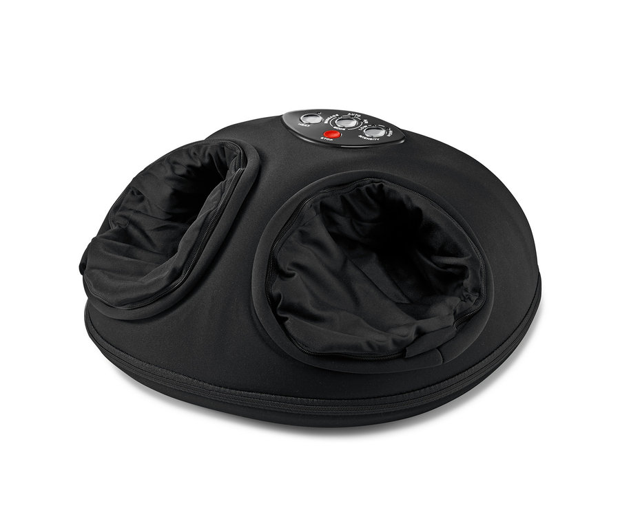 Czarne urządzenie do masażu stóp Medisana z dwoma otworami na stopy.