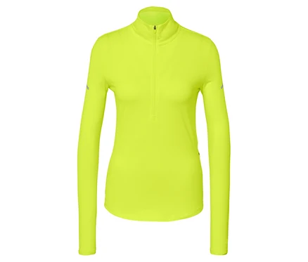 Neonowo zielona koszulka sportowa z długim rękawem i krótkim zamkiem błyskawicznym.