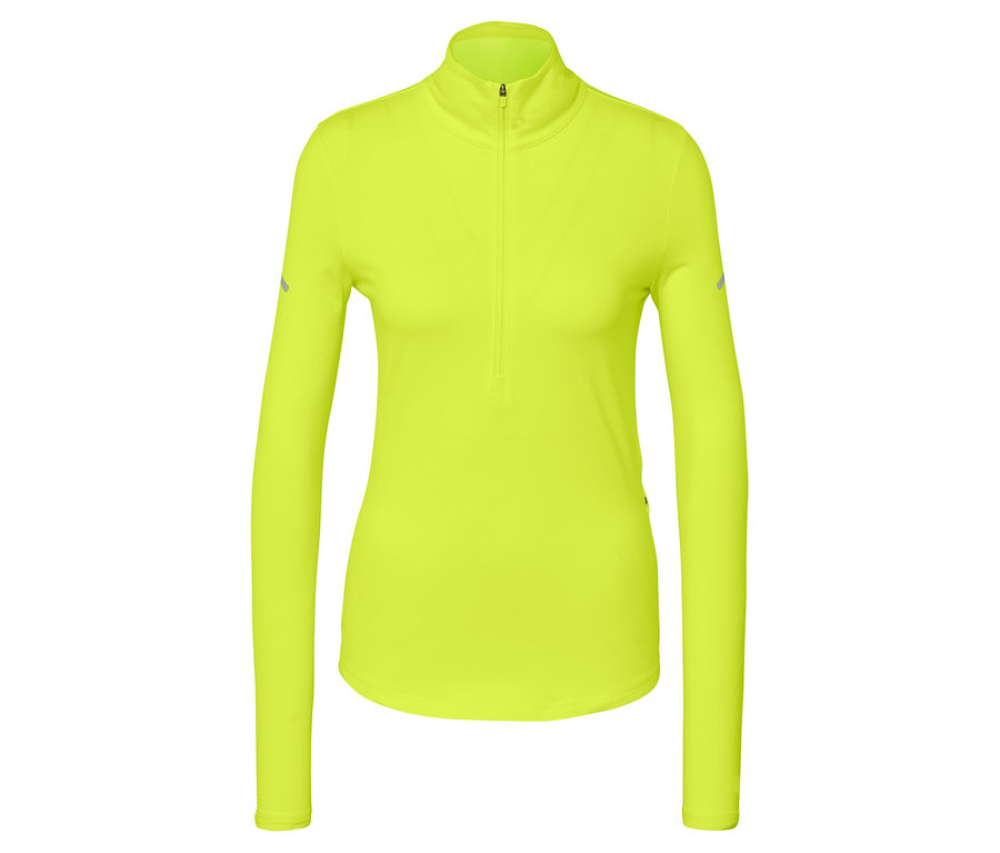 Neonowo zielona koszulka sportowa z długim rękawem i krótkim zamkiem błyskawicznym.
