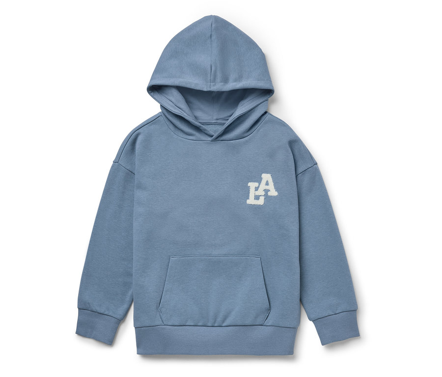 Niebieska bluza z kapturem i białym logo LA na piersi.