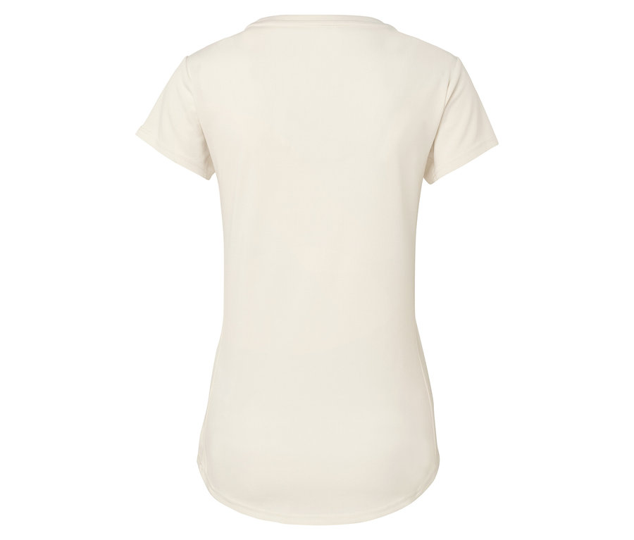 Widok z tyłu kremowej koszulki z krótkim rękawem.