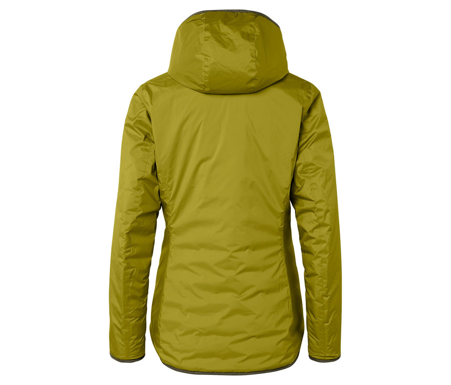 Widok z tyłu oliwkowej kurtki z kapturem.