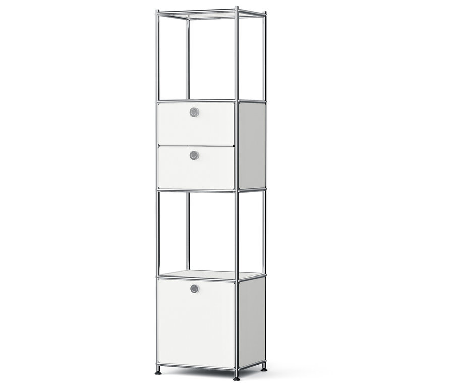 Biały regał do przechowywania z dwiema szufladami i otwartą półką.