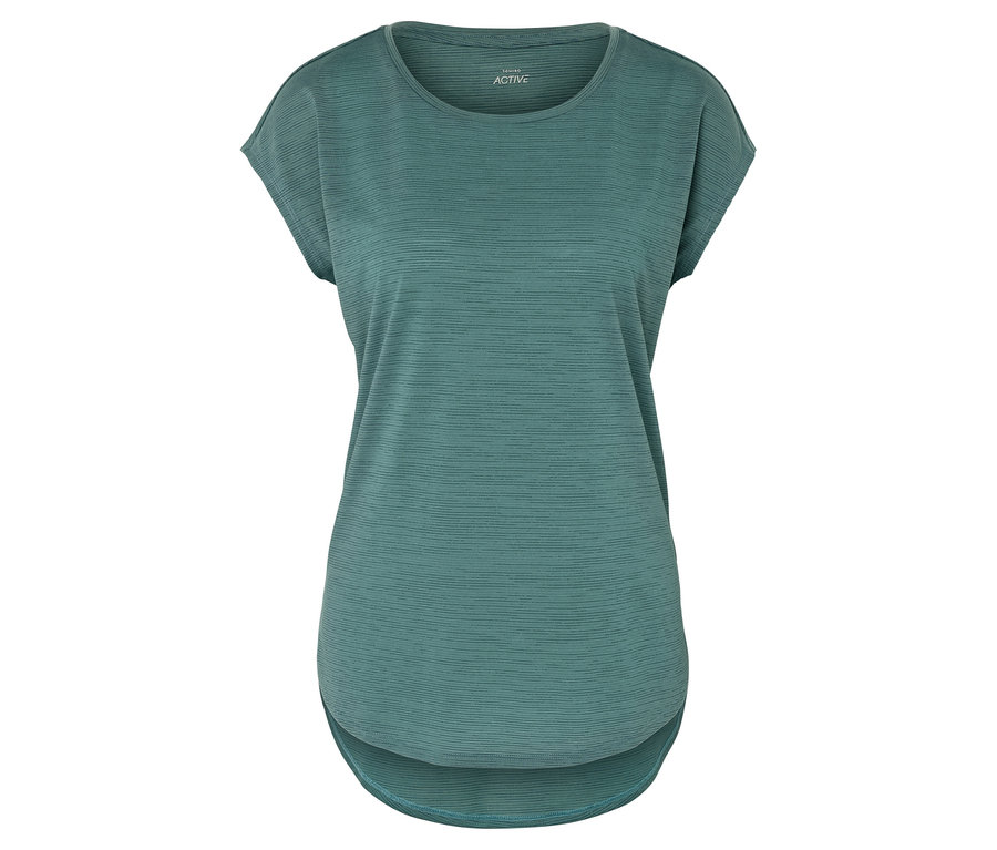 Turkusowa koszulka sportowa z krótkimi rękawami i zaokrąglonym dołem.