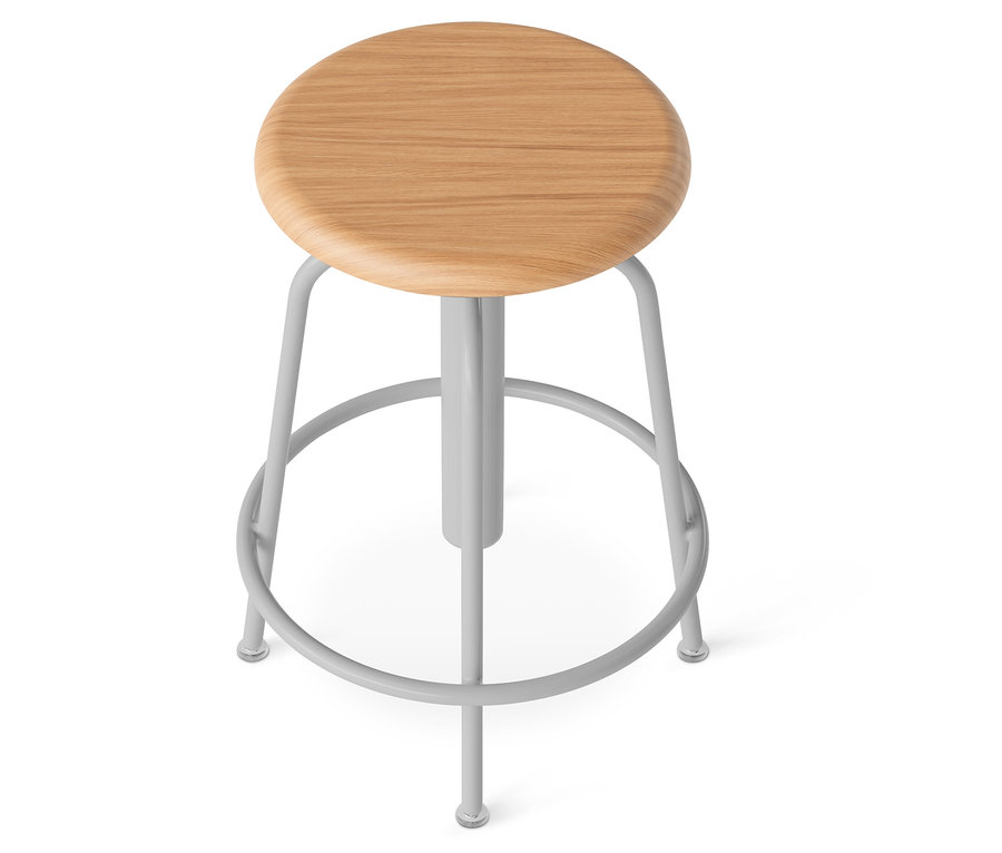 Zdjęcie jasnobrązowego stołka barowego z szarą ramą na białym tle.