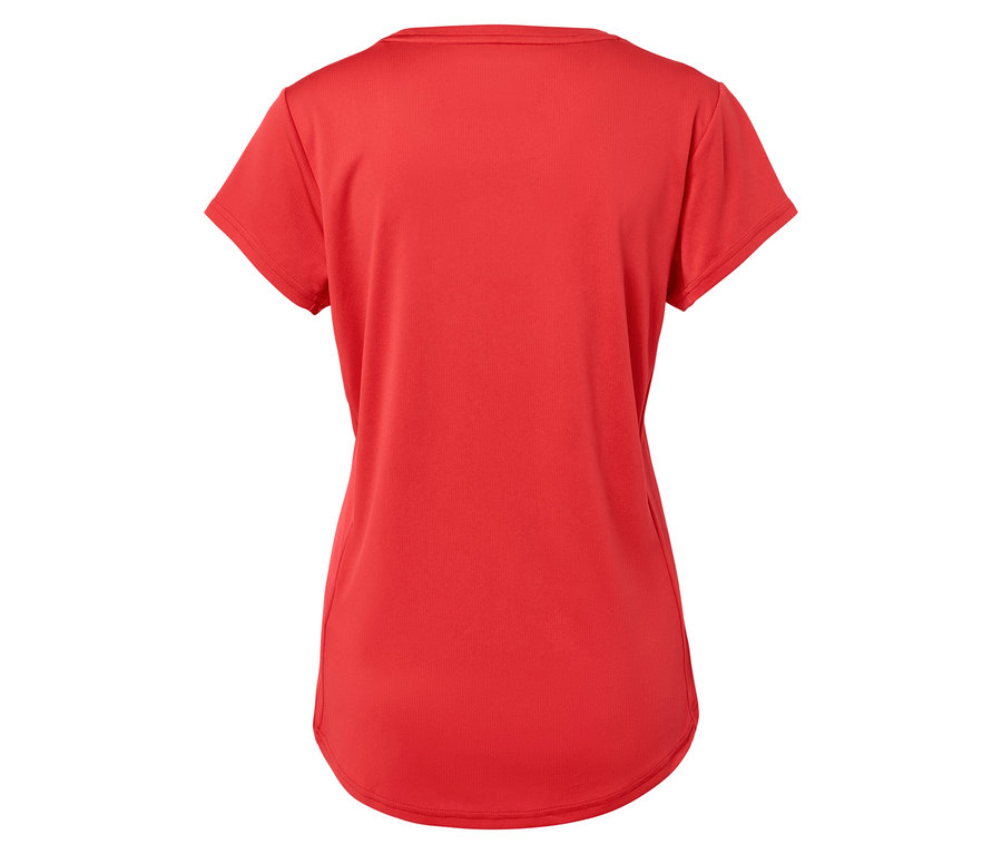 Szczegółowy widok z tyłu czerwonego T-shirtu z krótkim rękawem.