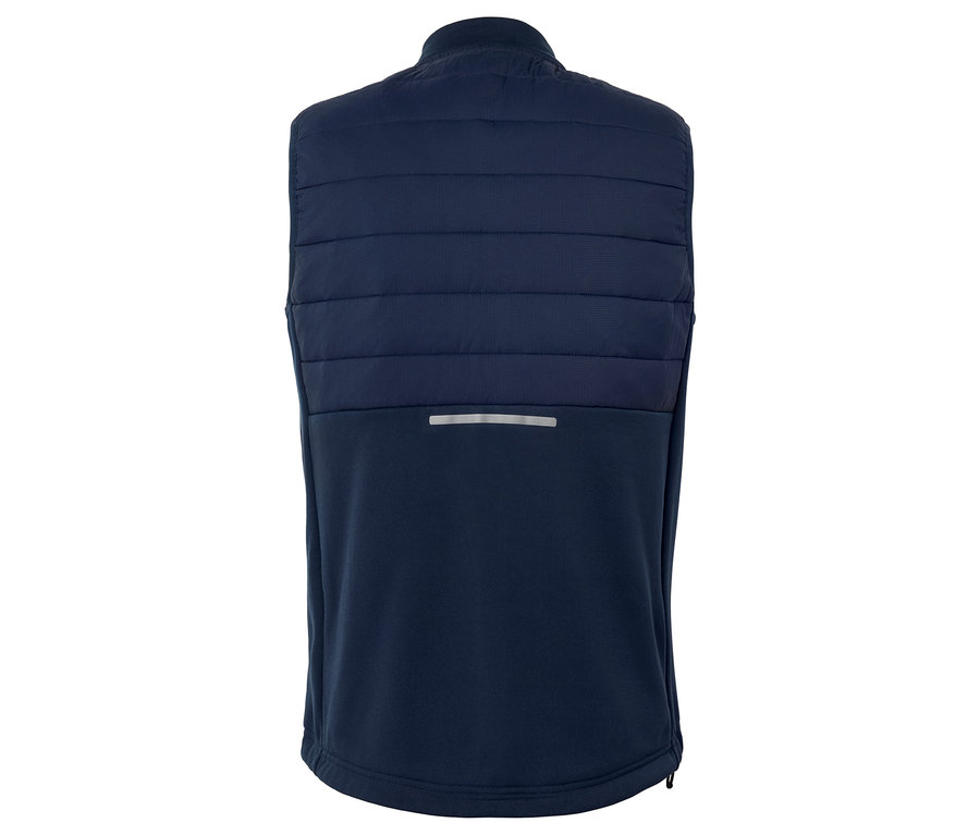 Widok z tyłu granatowej kamizelki pikowanej z odblaskowym paskiem.