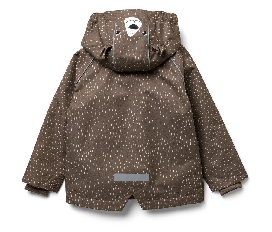 Brązowa kurtka z kapturem z białym wzorem w linie i twarzą niedźwiedzia na kapturze.