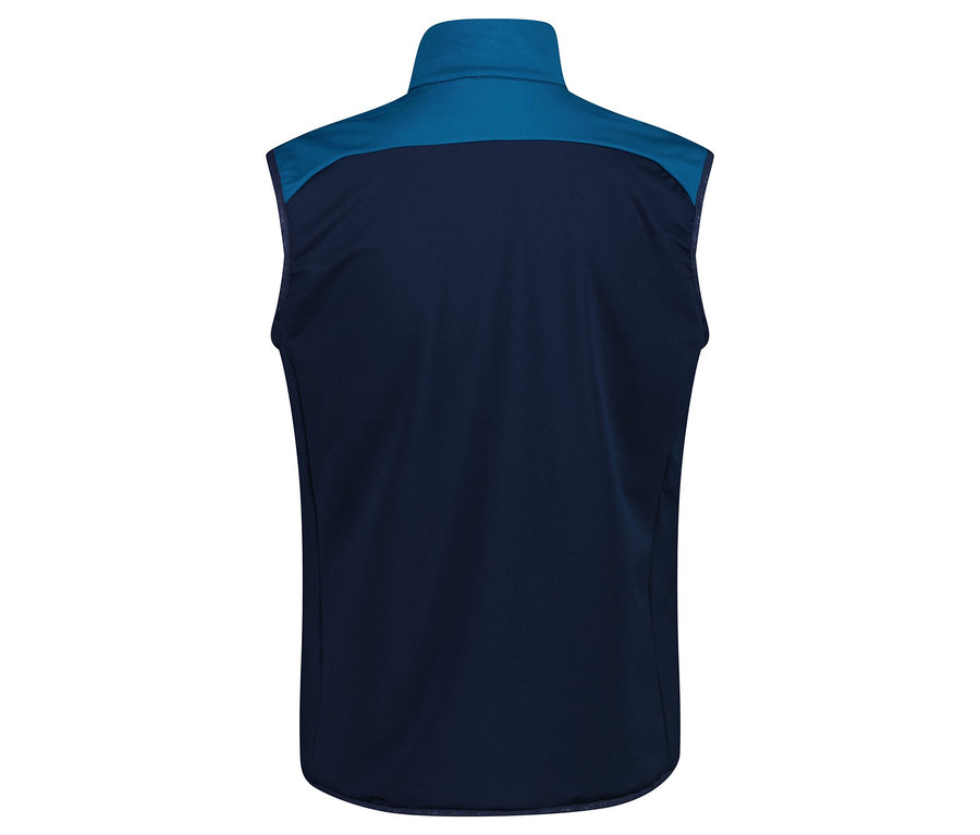 Widok z tyłu granatowej kamizelki bez rękawów z niebieskim kołnierzem.