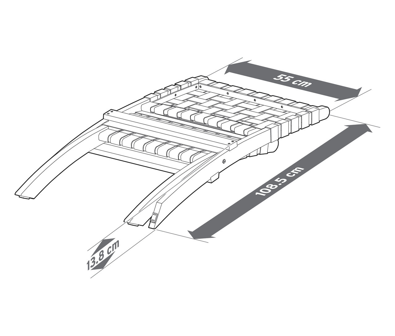 Widok z góry szkicu leżaka o wymiarach 55 cm, 108,5 cm i 13,8 cm.