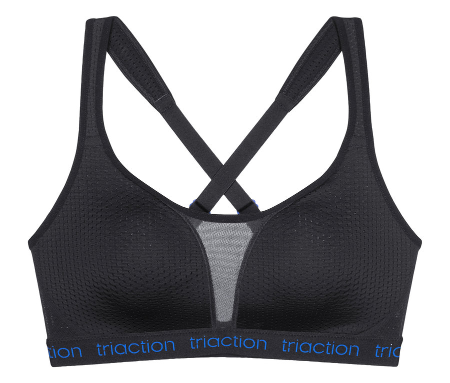 Czarny biustonosz sportowy TRIUMPH Triaction Energy Lite P EX ze skrzyżowanymi ramiączkami.