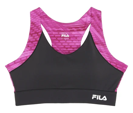 Damski biustonosz sportowy FILA jest czarny z różowymi wzorzystymi ramiączkami i logo FILA na pasie pod biustem.