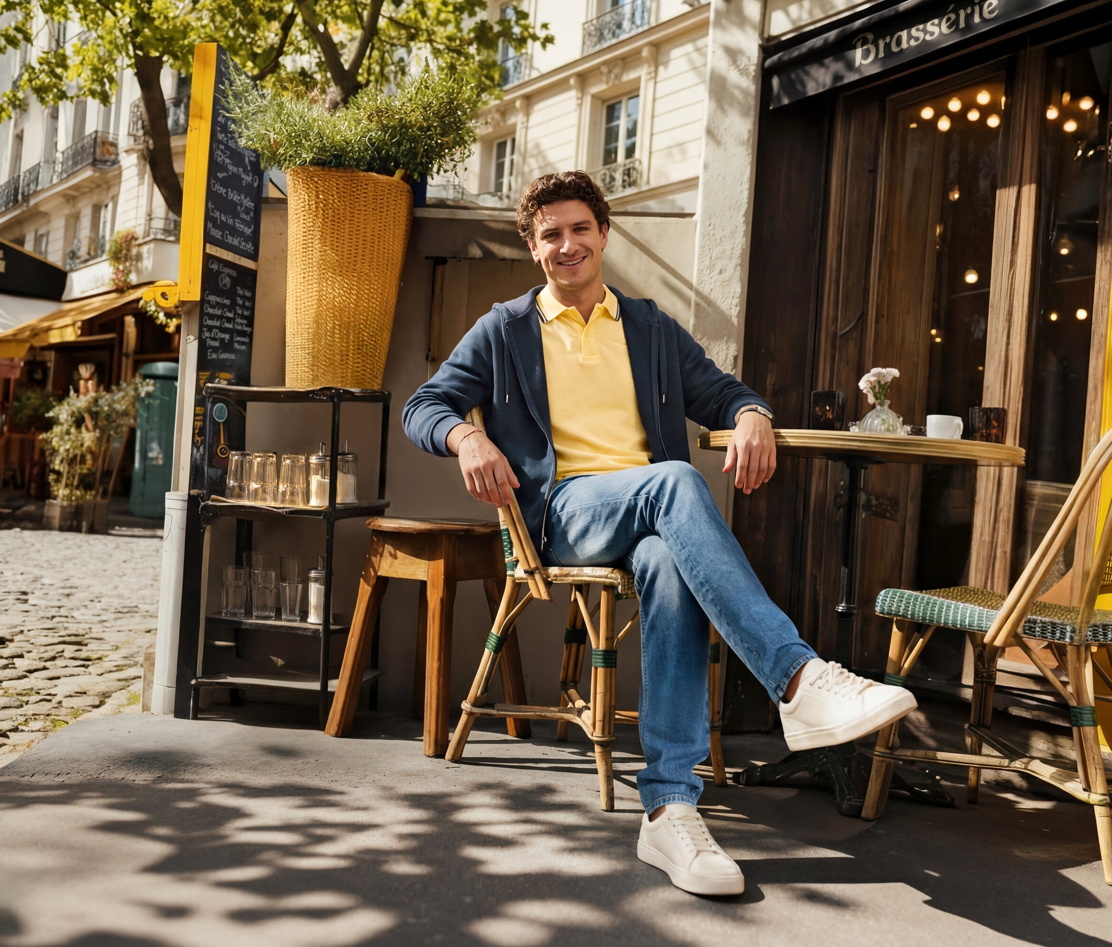 Mężczyzna siedzi przed kawiarnią, ubrany w dżinsy, żółtą koszulkę polo z piki i granatową bluzę z kapturem.