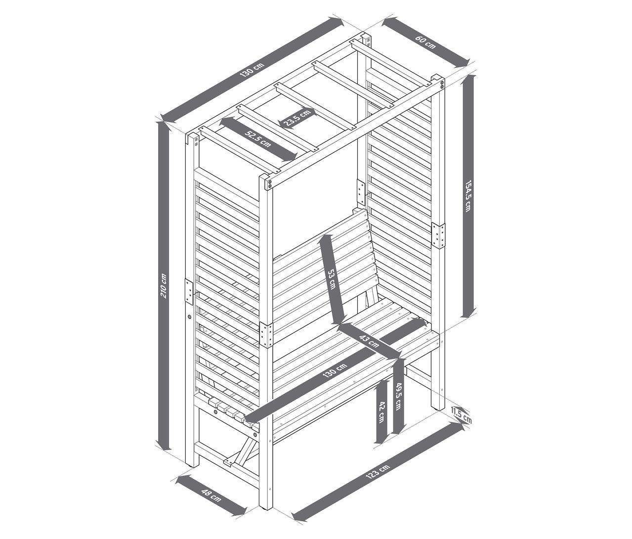 Przedstawiona jest ławka ogrodowa z pergolą z podanymi wymiarami.