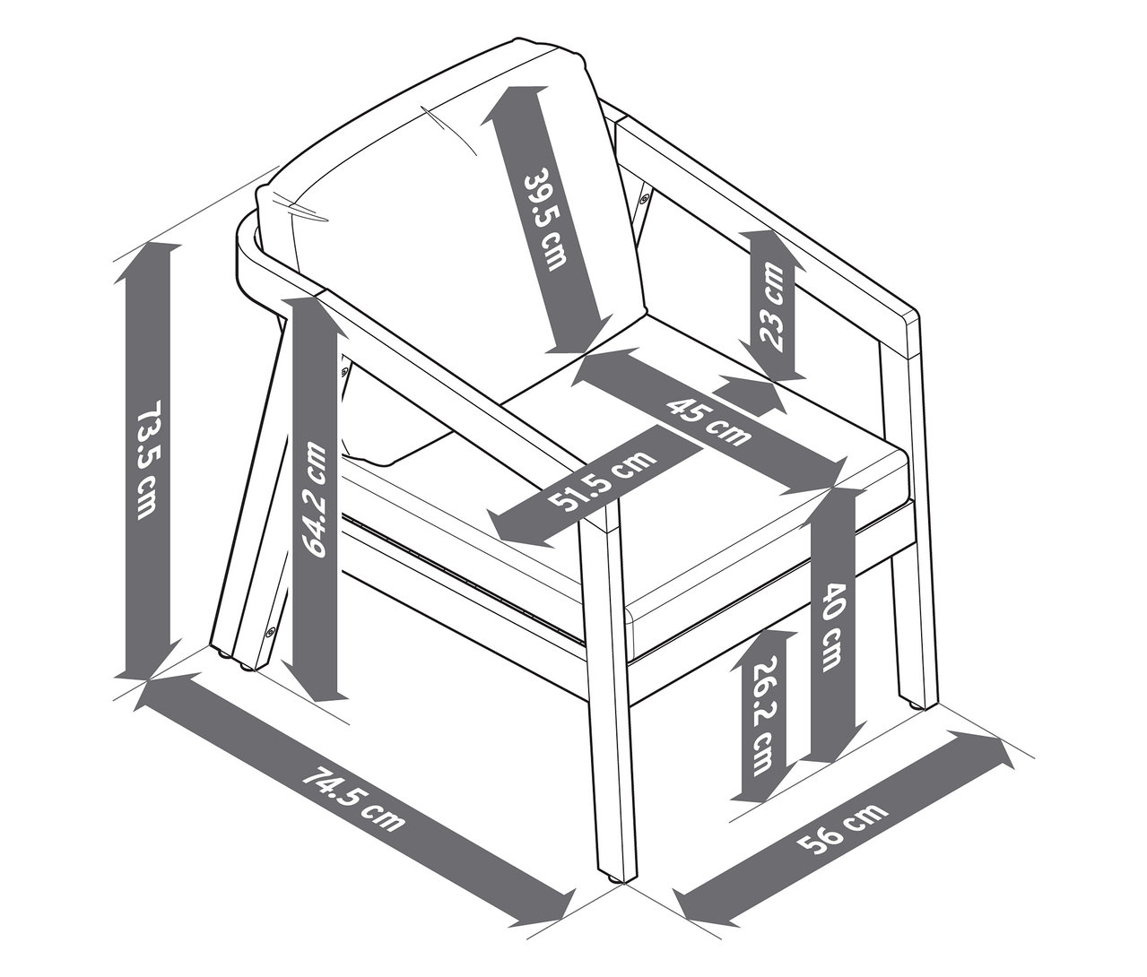 Widok z góry na fotel ogrodowy z tekstylną plecionką i wymiarami.