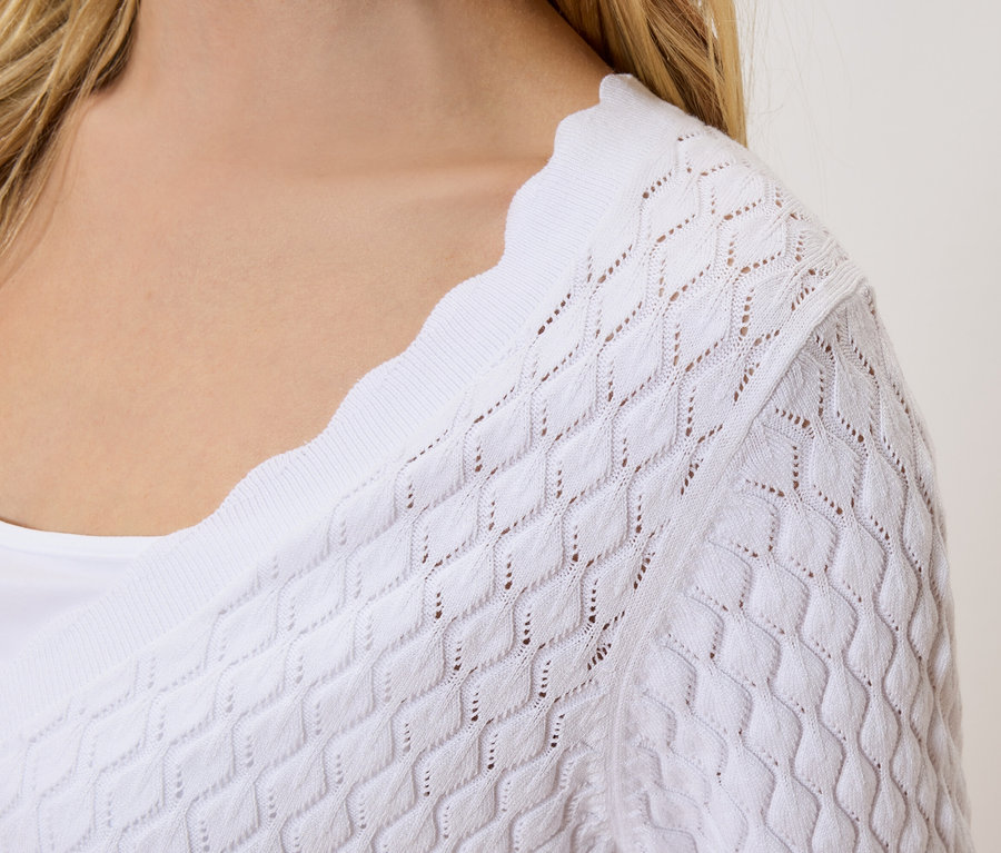 Zbliżenie kobiety o blond włosach w białym ażurowym kardiganie na białym topie.