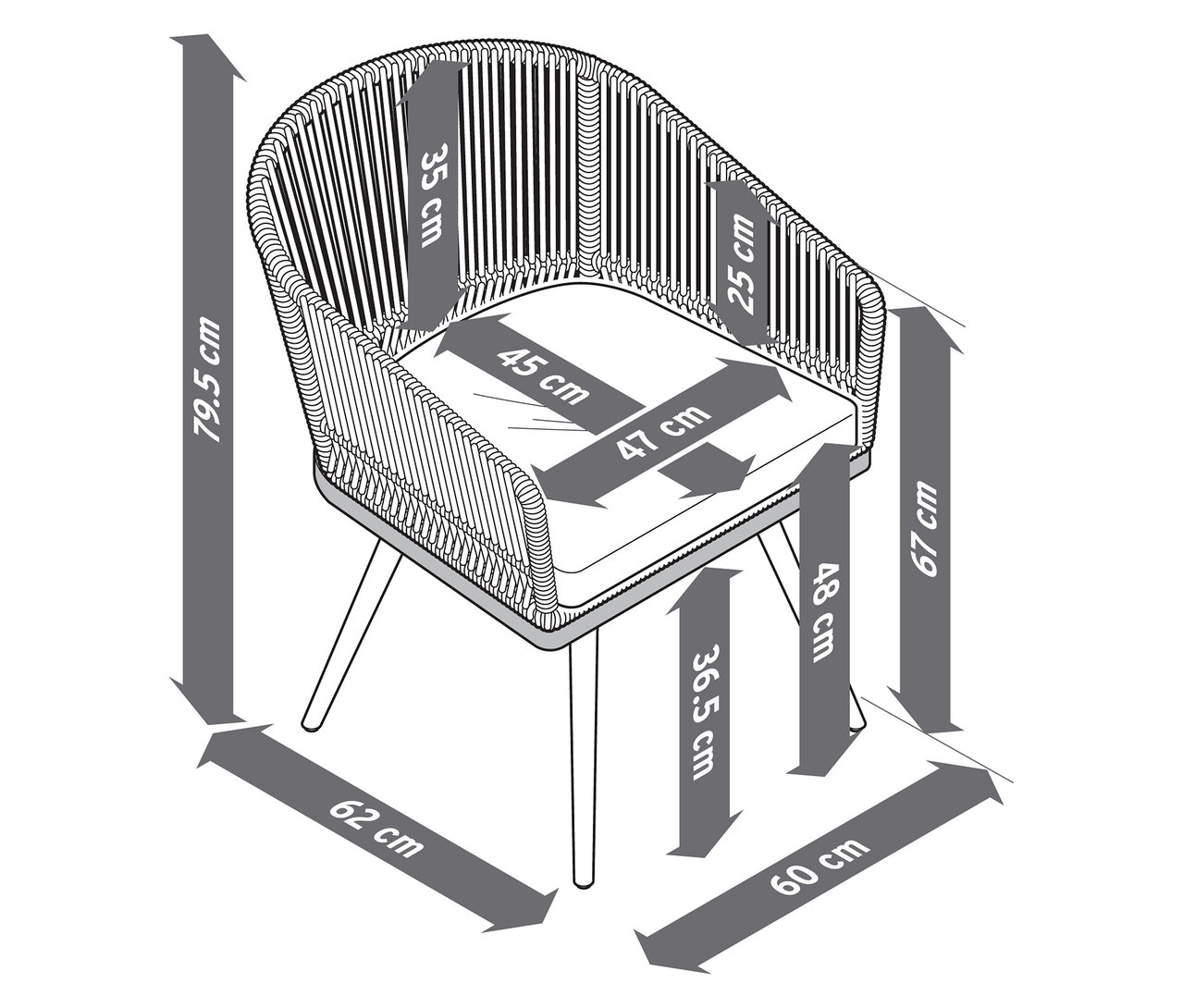 Ilustracja obrotowego krzesła ogrodowego z plecionką tekstylną i wymiarami.