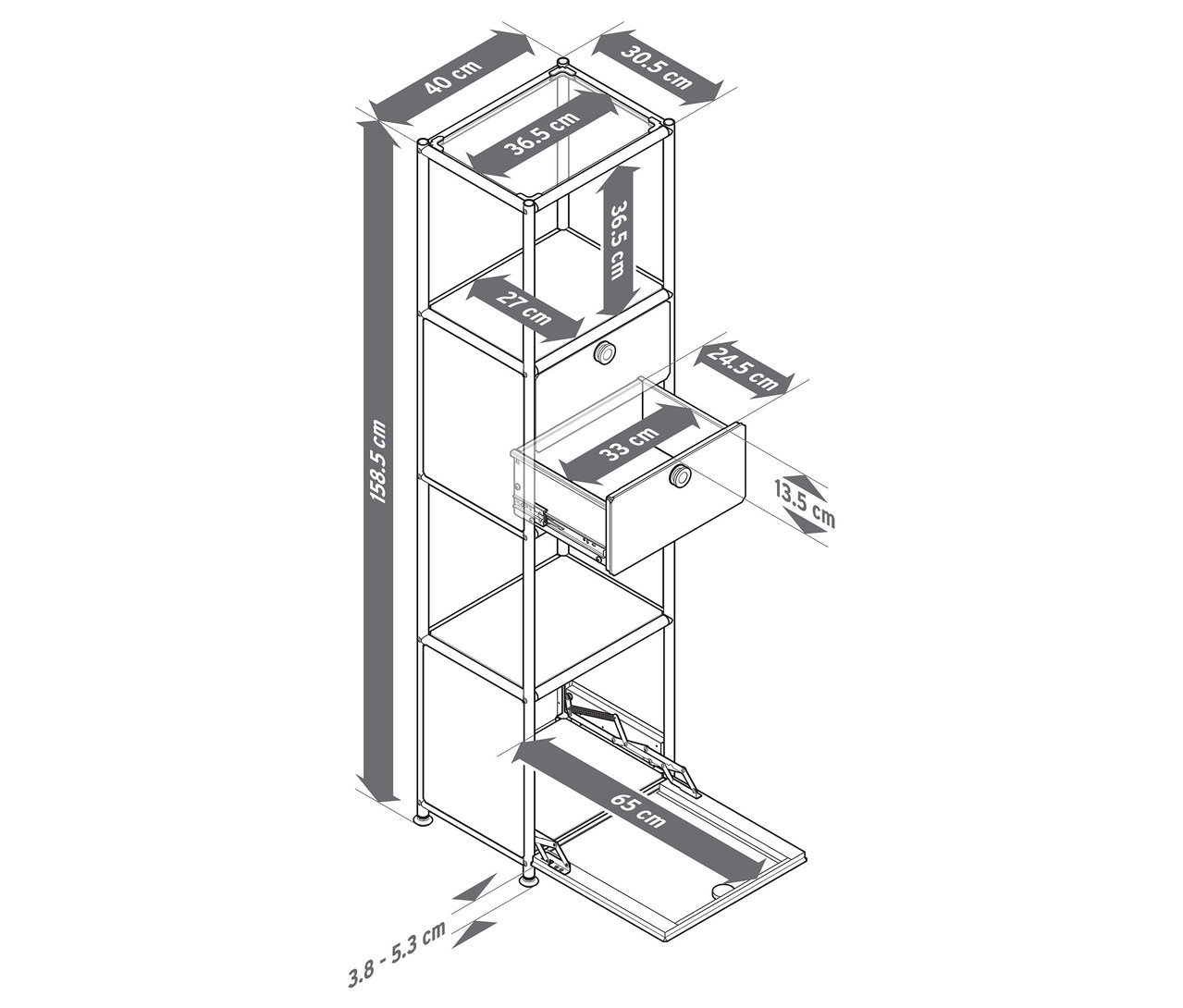 Widok z góry metalowego regału „CN3 Slim Line” z dwiema przesuwanymi szufladami i jedną przesuwaną klapą z wymiarami.