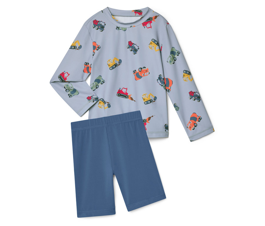 Jasnoniebieska koszulka z długim rękawem w koparki oraz dopasowane krótkie, niebieskie legginsy.