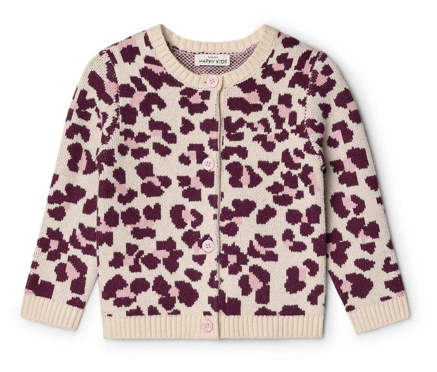 Dziecięcy sweter rozpinany z dzianiny w beżowo-ciemnoróżowo-jasnoróżowy wzór w panterkę, z okrągłym dekoltem i różowymi guzikami z przodu.
