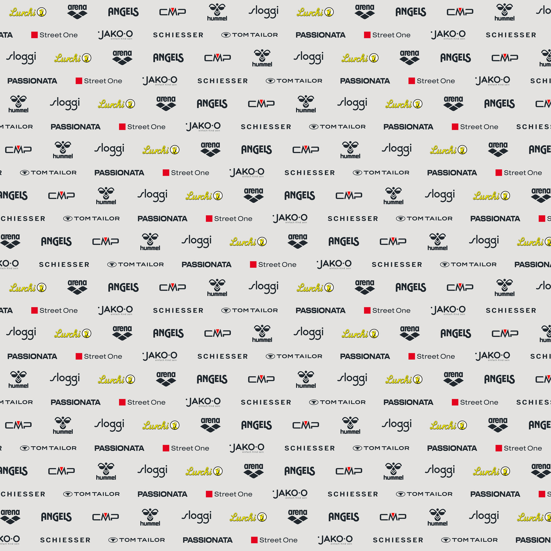 Powtarzający się wzór różnych logo marek, w tym Arena, Angels, CMP, Hummel, Sloggi, Lurchi, Passionata, Street One, Jako-o, Schiesser i Tom Tailor.