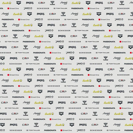Powtarzający się wzór różnych logo marek, w tym Arena, Angels, CMP, Hummel, Sloggi, Lurchi, Passionata, Street One, Jako-o, Schiesser i Tom Tailor.