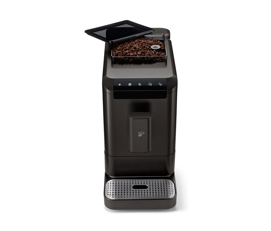 Widok z przodu automatycznego ekspresu do kawy »Esperto2 Caffè« w kolorze granite black z otwartym pojemnikiem na ziarna kawy.