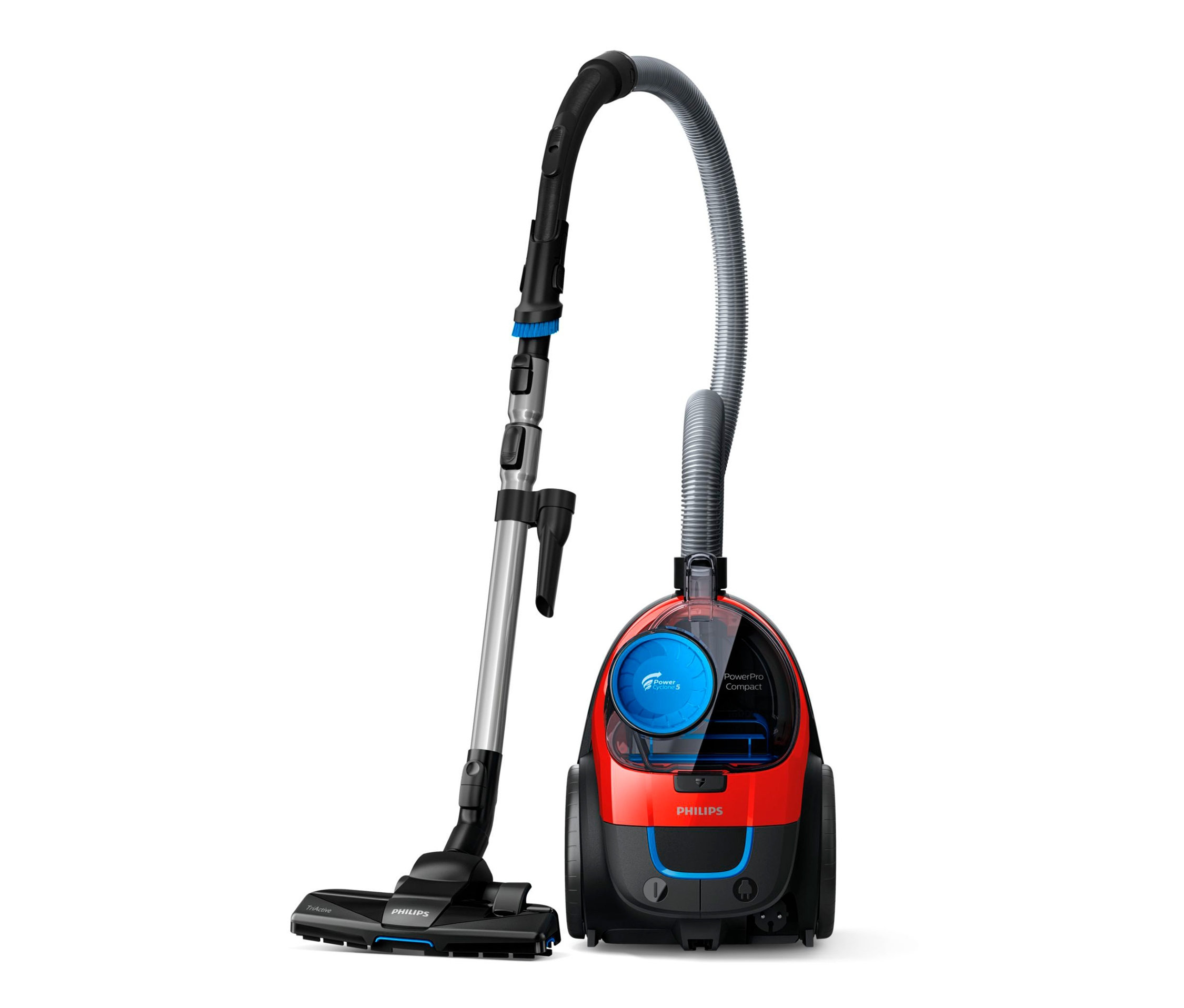 Czerwony odkurzacz bezworkowy Philips FC9330 z czarnymi kołami i srebrną rurą.