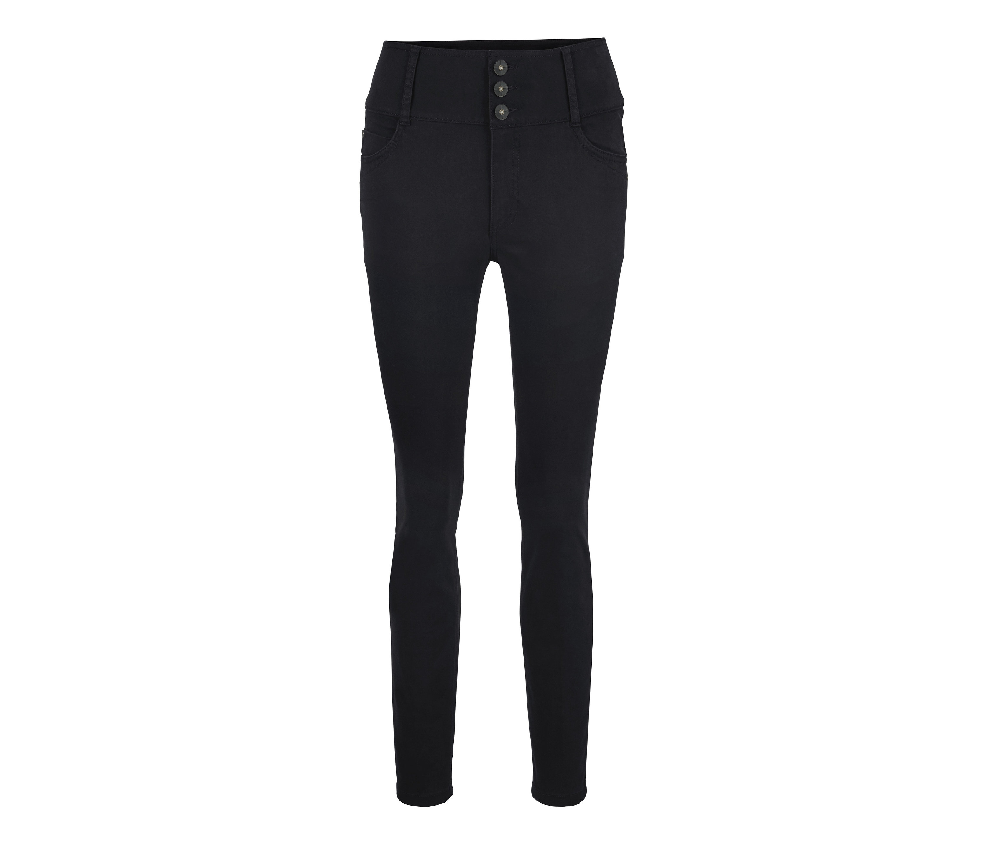 Modelujące, czarne tregginsy damskie ze szlufkami w pasie i z wysokim stanem zapinane na guziki.