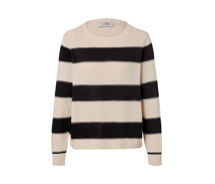 Sweter z dzianiny w czarno-kremowe paski poziome.