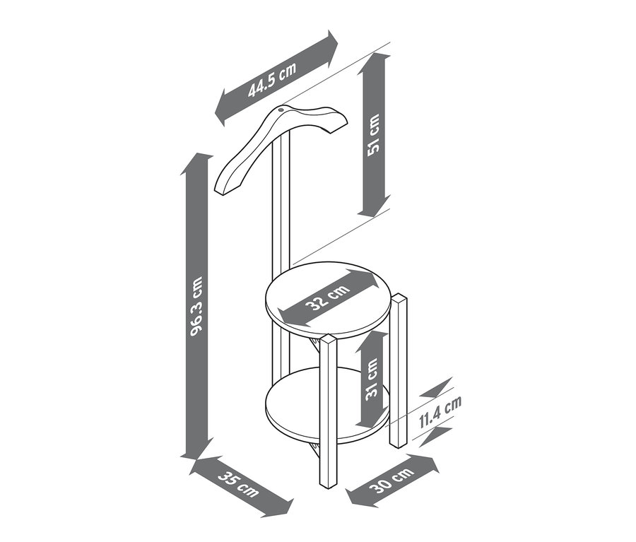 Ilustracja wieszaka stojącego na ubrania z podanymi wymiarami.