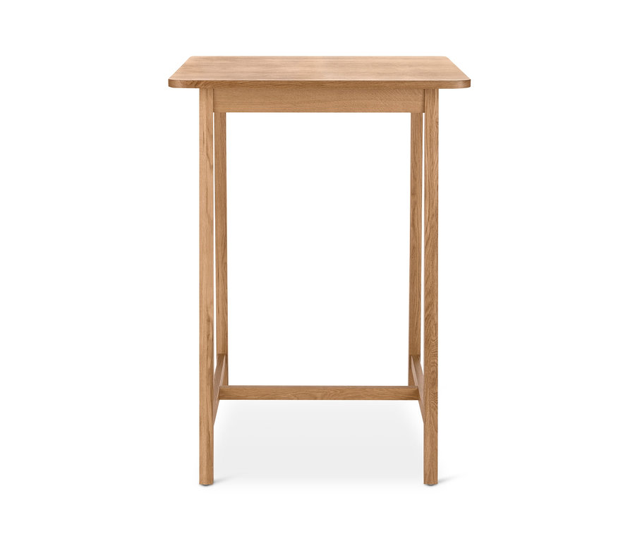 Jasny drewniany stolik barowy z kwadratowym blatem.