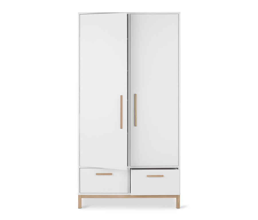 Biała szafa na ubrania »Eklund« z szufladami ma dwoje drzwi i dwie szuflady.