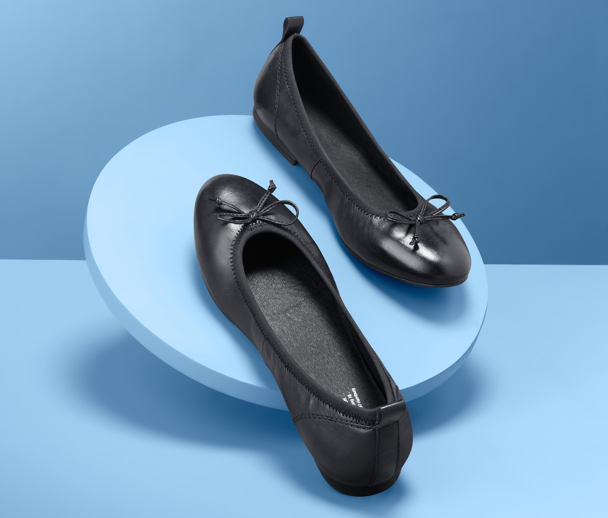 Dwie czarne baleriny skórzane na niebieskim tle.