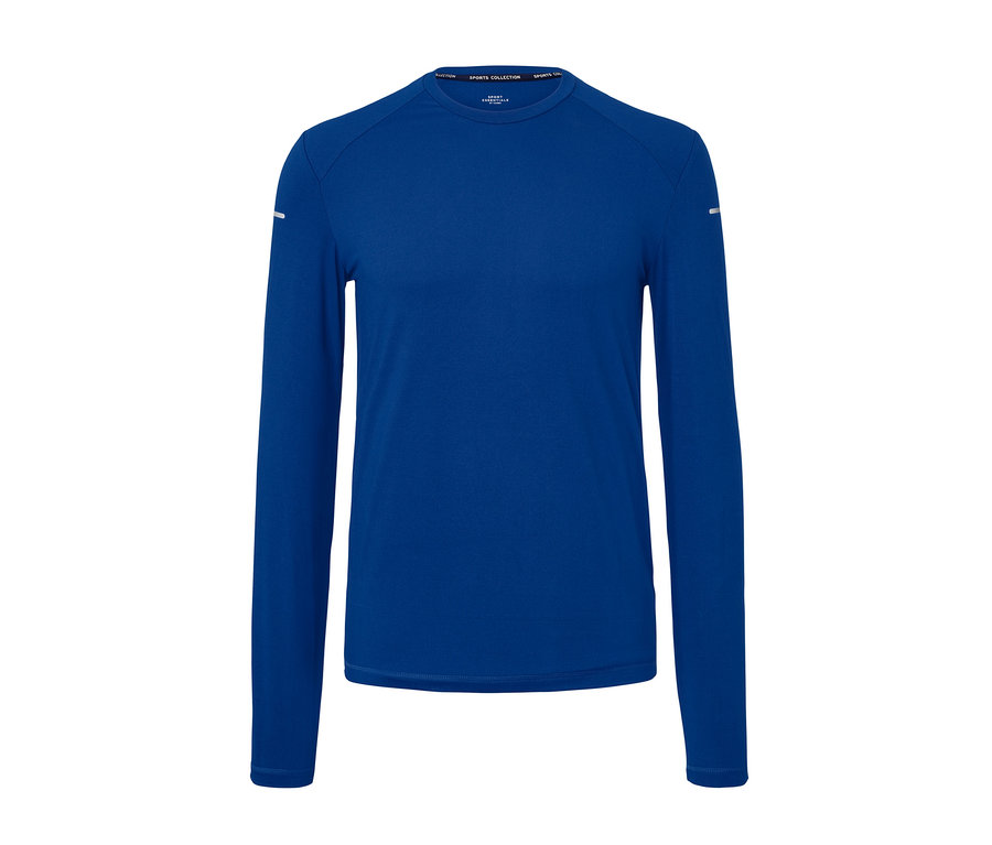 Niebieska koszulka funkcyjna z długim rękawem.
