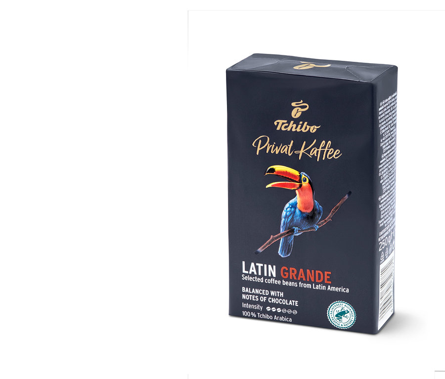 Opakowanie kawy mielonej Privat Kaffee, Latin Grande, 250 g z grafiką tukana.