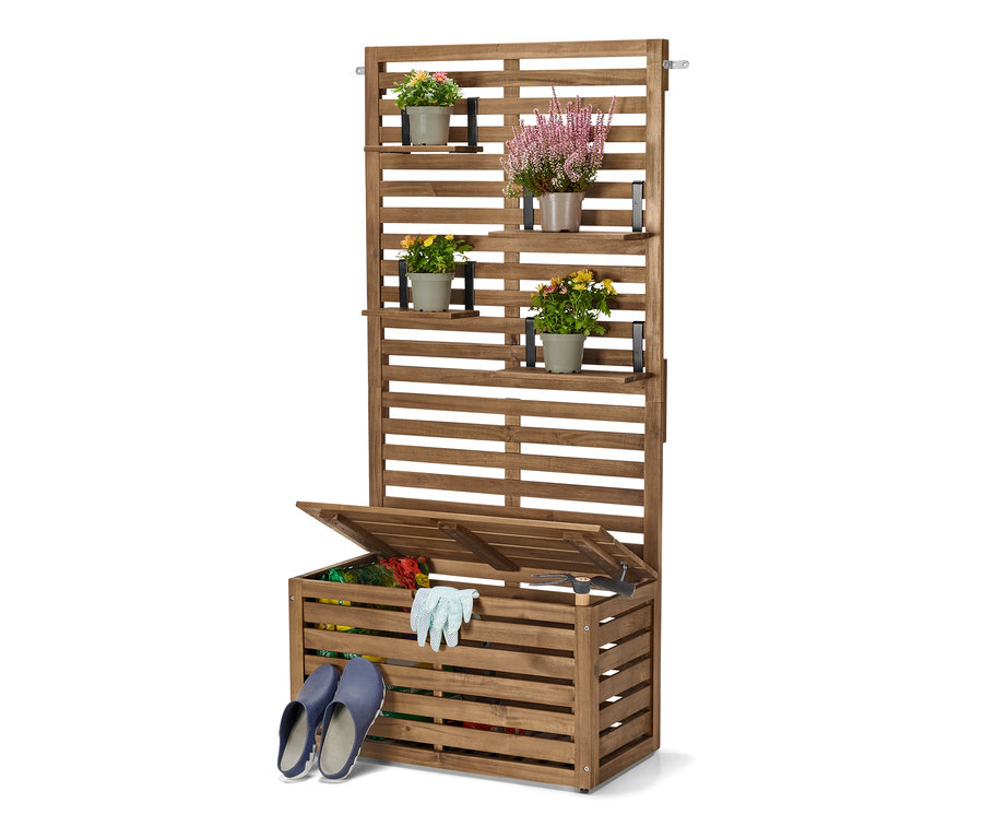 Ławka balkonowa z parawanem „Lenja” ze skrzynią do przechowywania z kwiatami i akcesoriami ogrodniczymi.