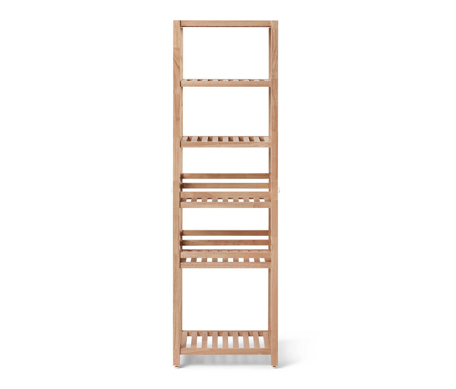 Jasnobrązowy regał z litego drewna z pięcioma półkami.