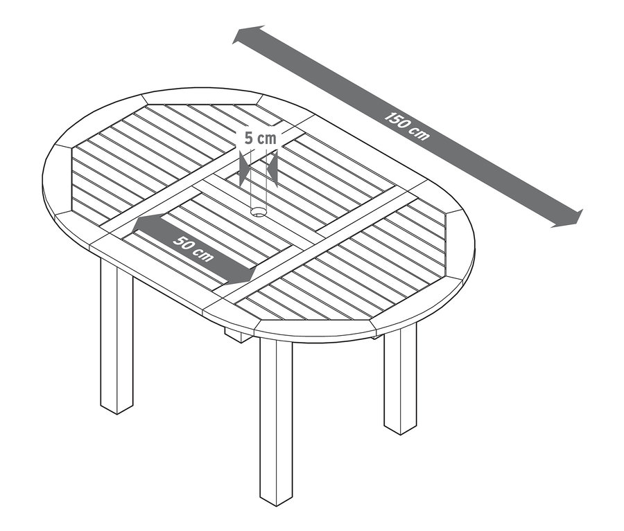 Szkic okrągłego stołu rozsuwanego z podanymi wymiarami.