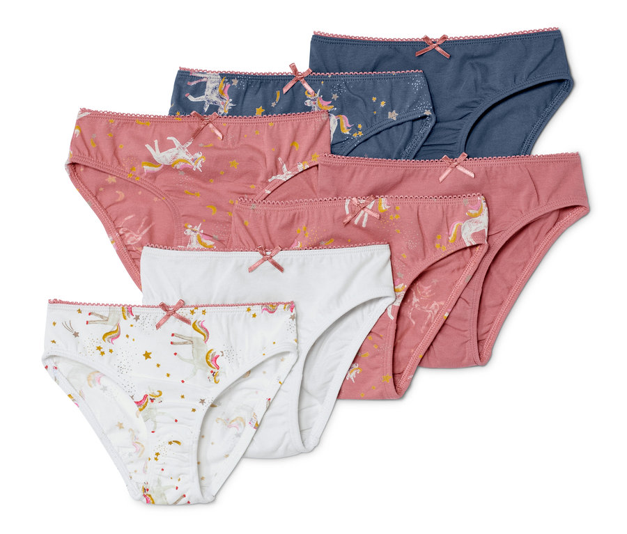 Siedem par fig dziewczęcych w różnych kolorach i wzorach z jednorożcami.