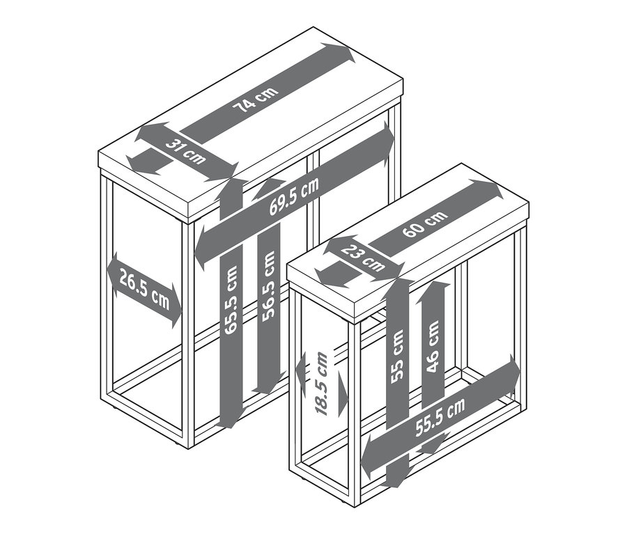 Rysunek z wymiarami zestawu konsoli z blatem z policementu.