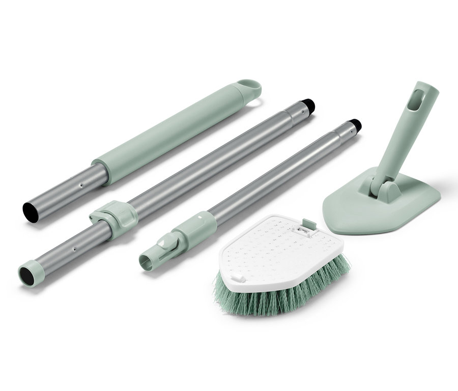 Szczotka do szorowania płytek i wanien z akcesoriami na białym tle.