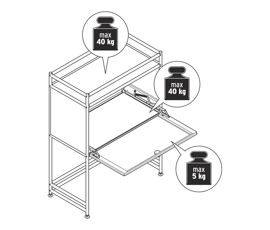 Szkic zielonej szafki »CN3« z klapą, górna półka ma udźwig 40 kg, a klapa 5 kg.