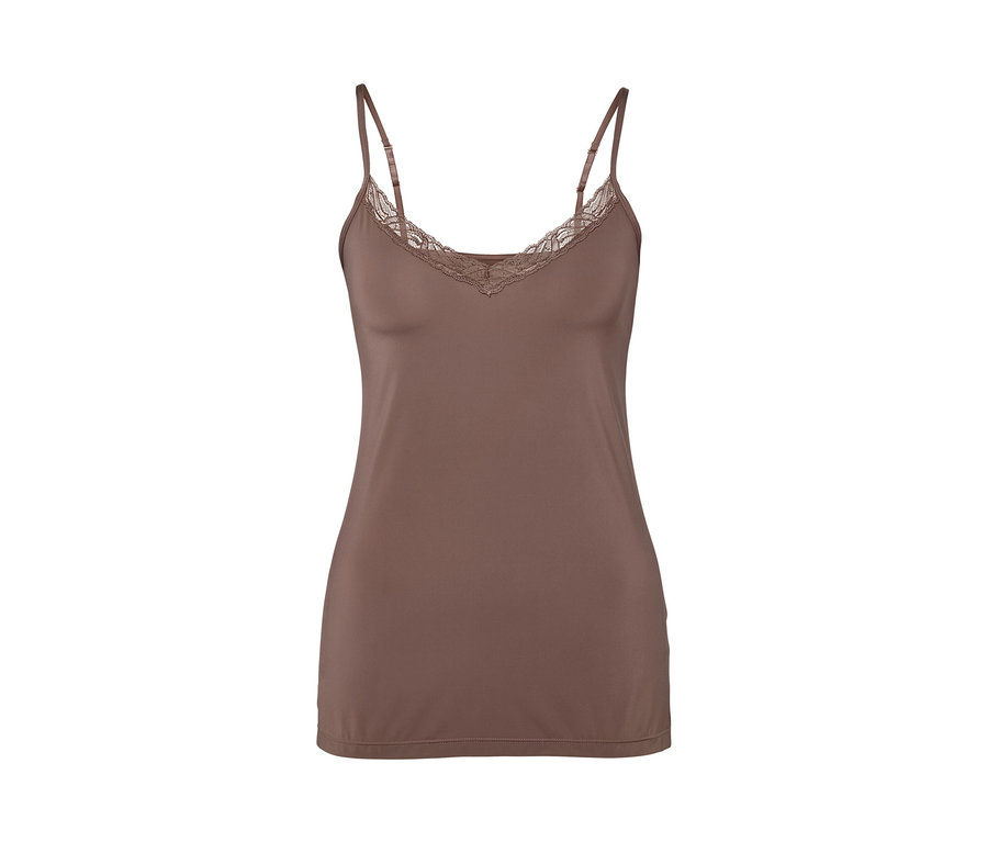 Brązowa koszulka na ramiączkach z koronką.