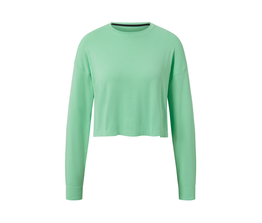 Jasnozielona bezszwowa koszulka funkcyjna z długimi rękawami na białym tle.