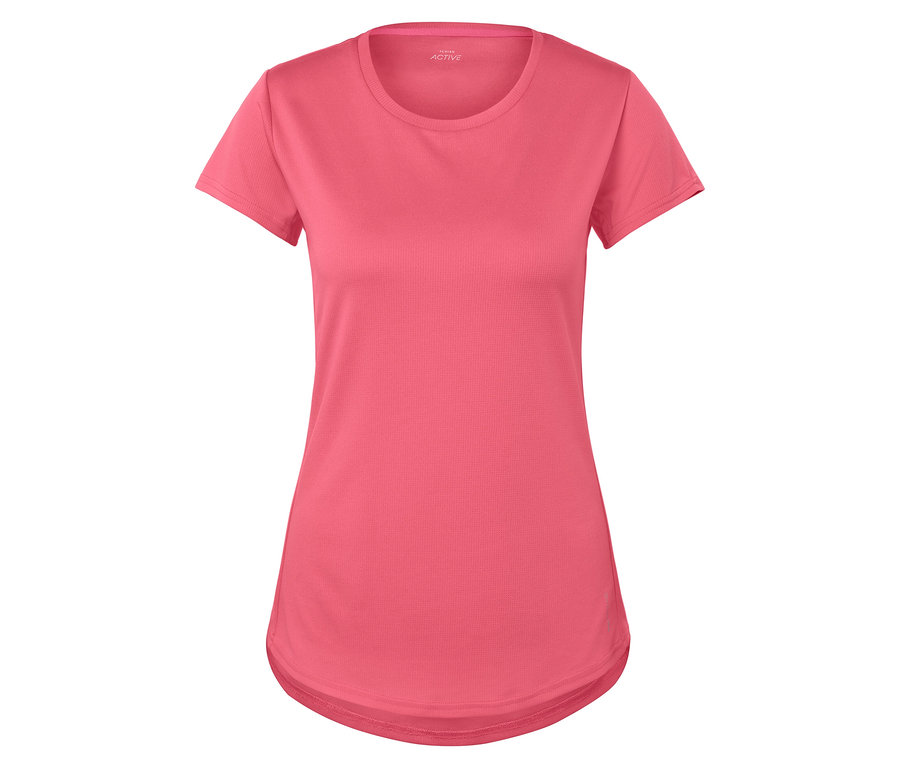 Różowa koszulka sportowa z krótkim rękawem na białym tle.