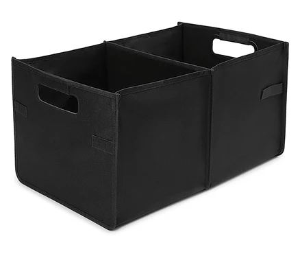 Czarny materiałowy organizer z dwoma przegródkami i uchwytami.